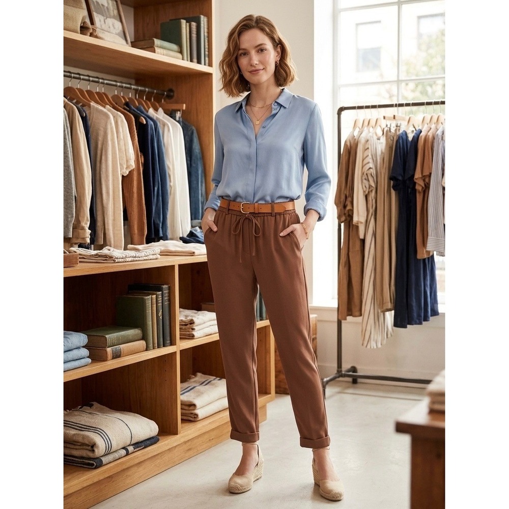 J.Crew Womens Pull On Drawstring Pants Cedar Brown Tapered Cuffed Size 0